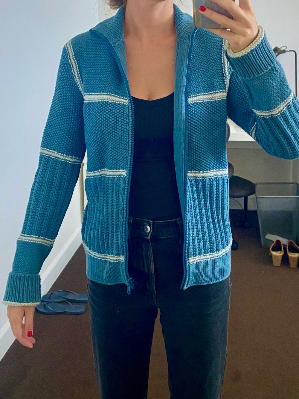 Marc Jacobs Blue Full-Zip Knit Sweater with White Stripes